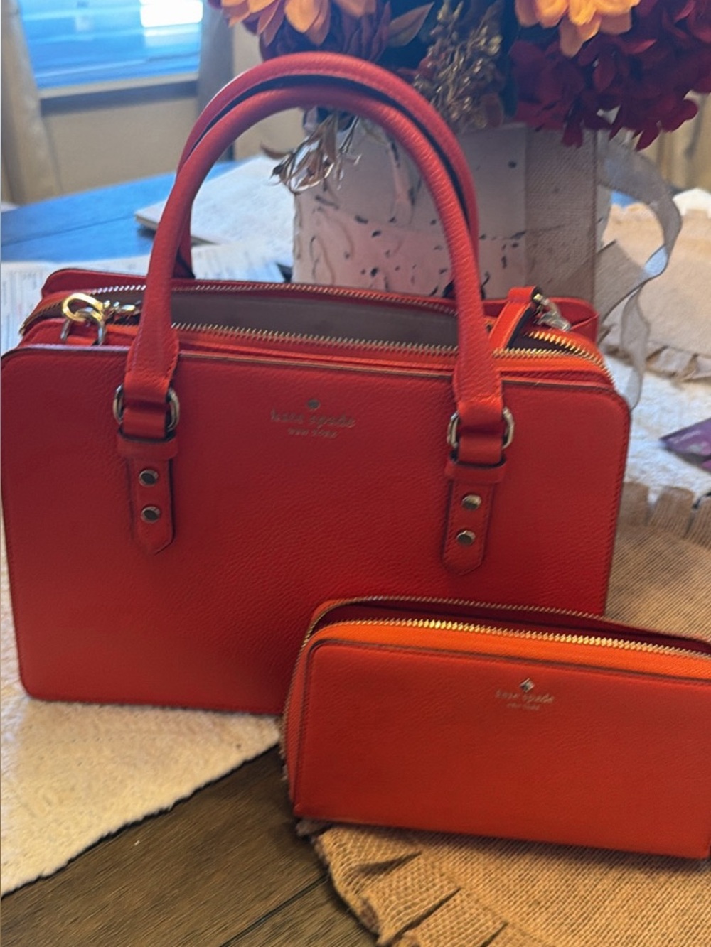 kate spade red leather satchel with matching wallet set